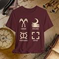Maroon t-shirt with white symbols and text on a vintage map background