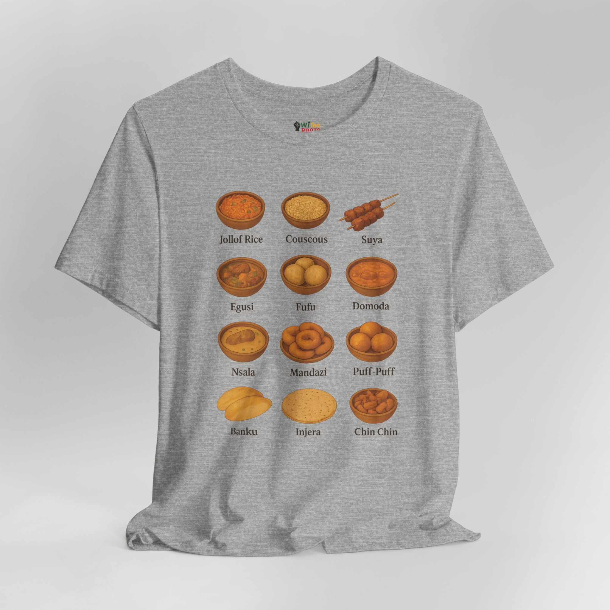 Gray t-shirt with illustrations of Nigerian foods and their names on a light gray background