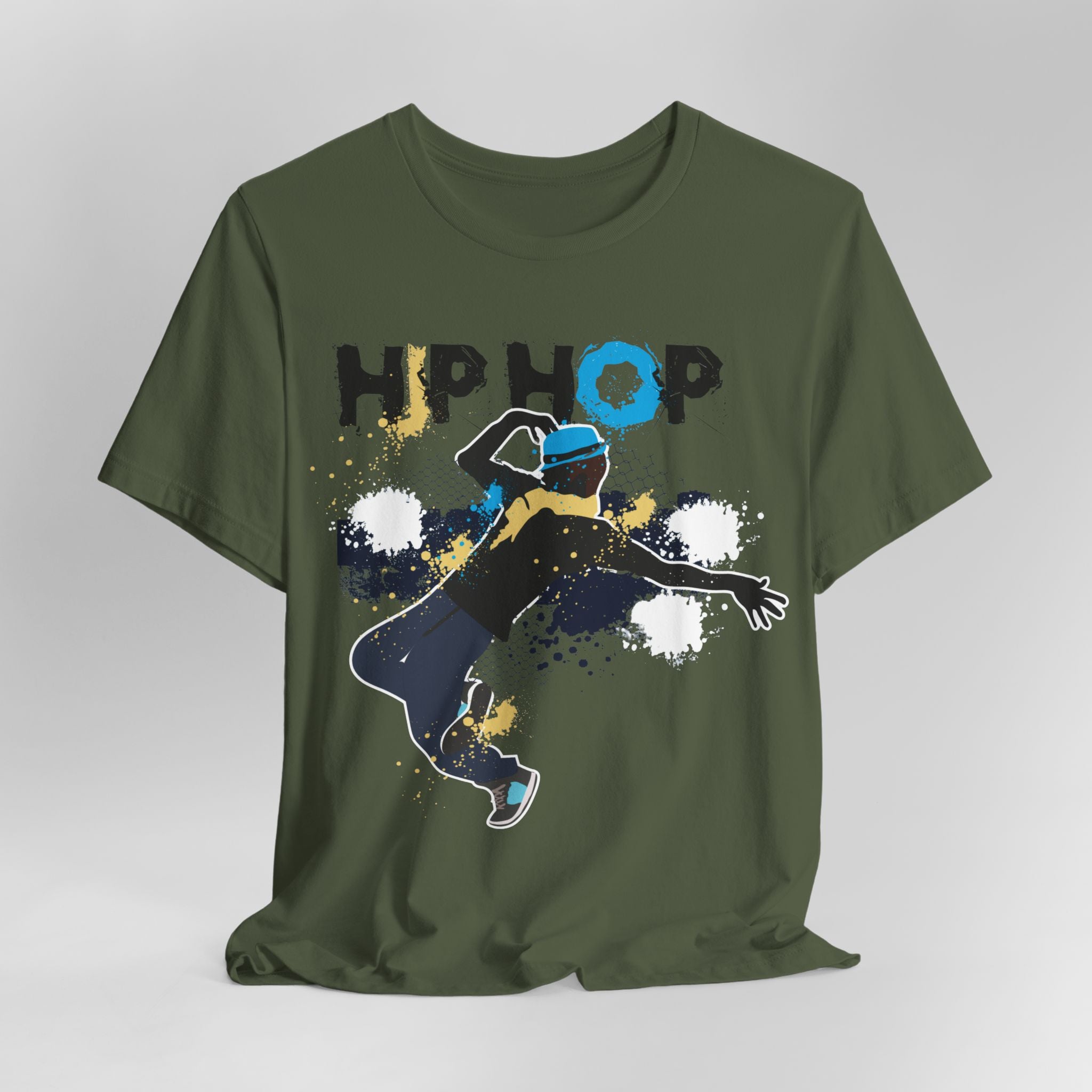 Green t-shirt with a graphic of a dancer and 'HIP HOP' text on a gray background