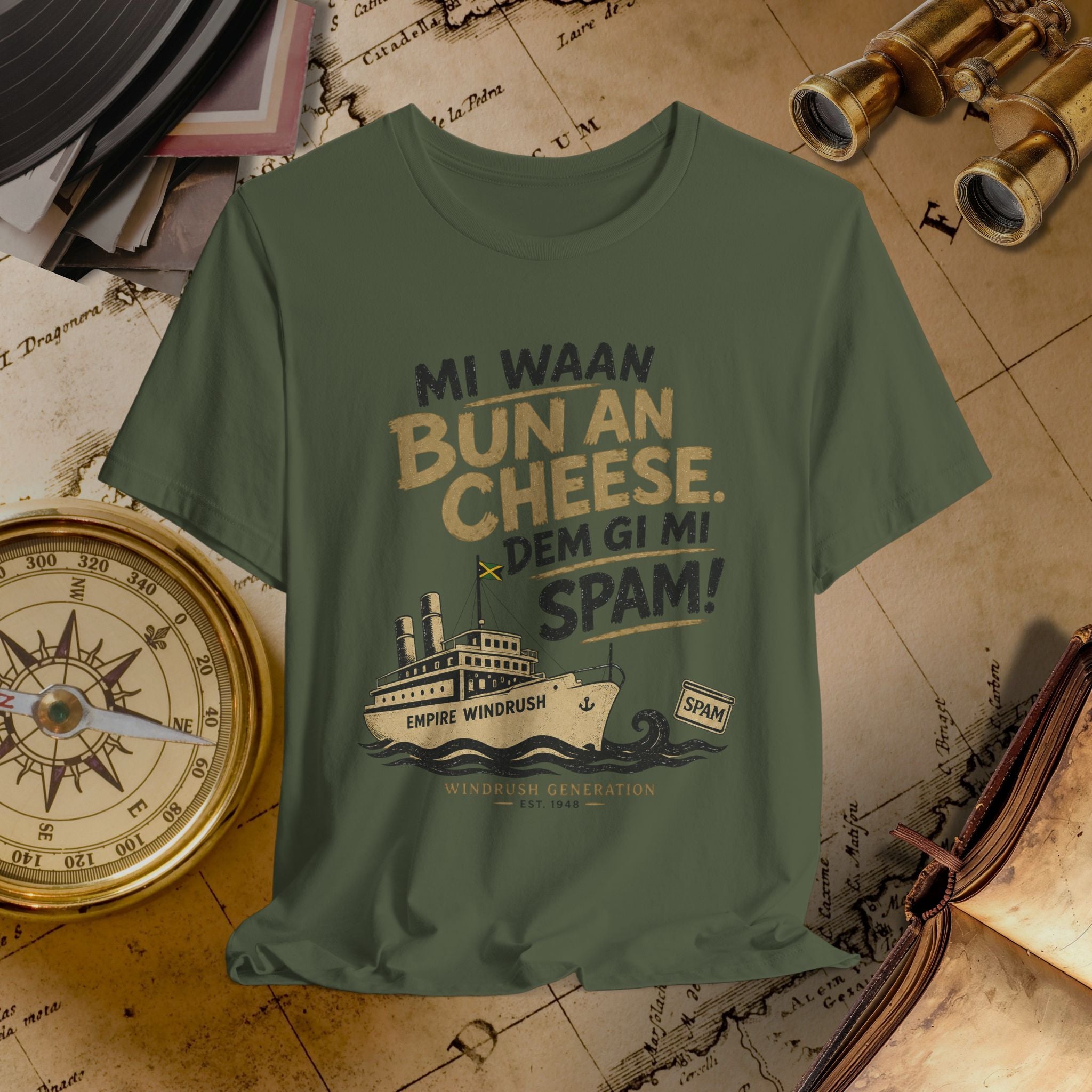 Green t-shirt with humorous text and graphic on a vintage map background