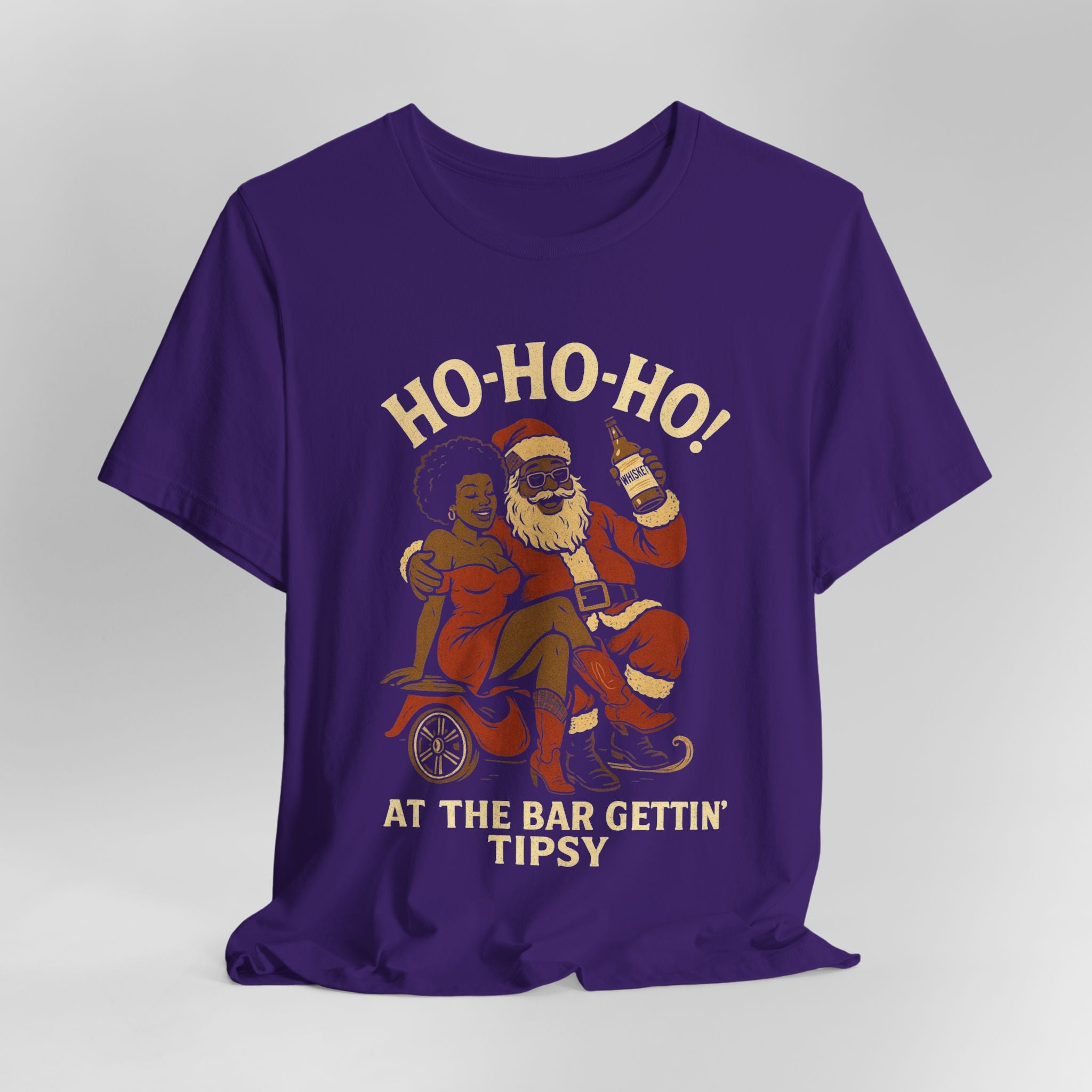 Purple t-shirt with a graphic of Santa Claus and text on a gray background