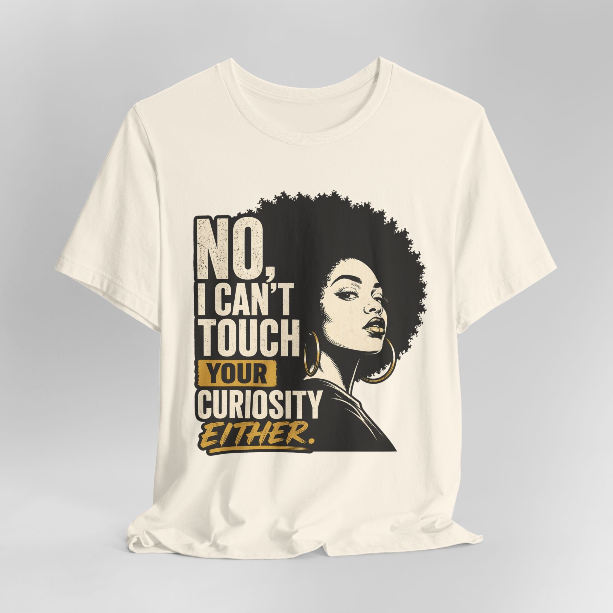 Beige t-shirt with graphic of a woman and text on a gray background
