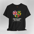 Black t-shirt with a heart-shaped design of British and Jamaican flags and text on a gray background