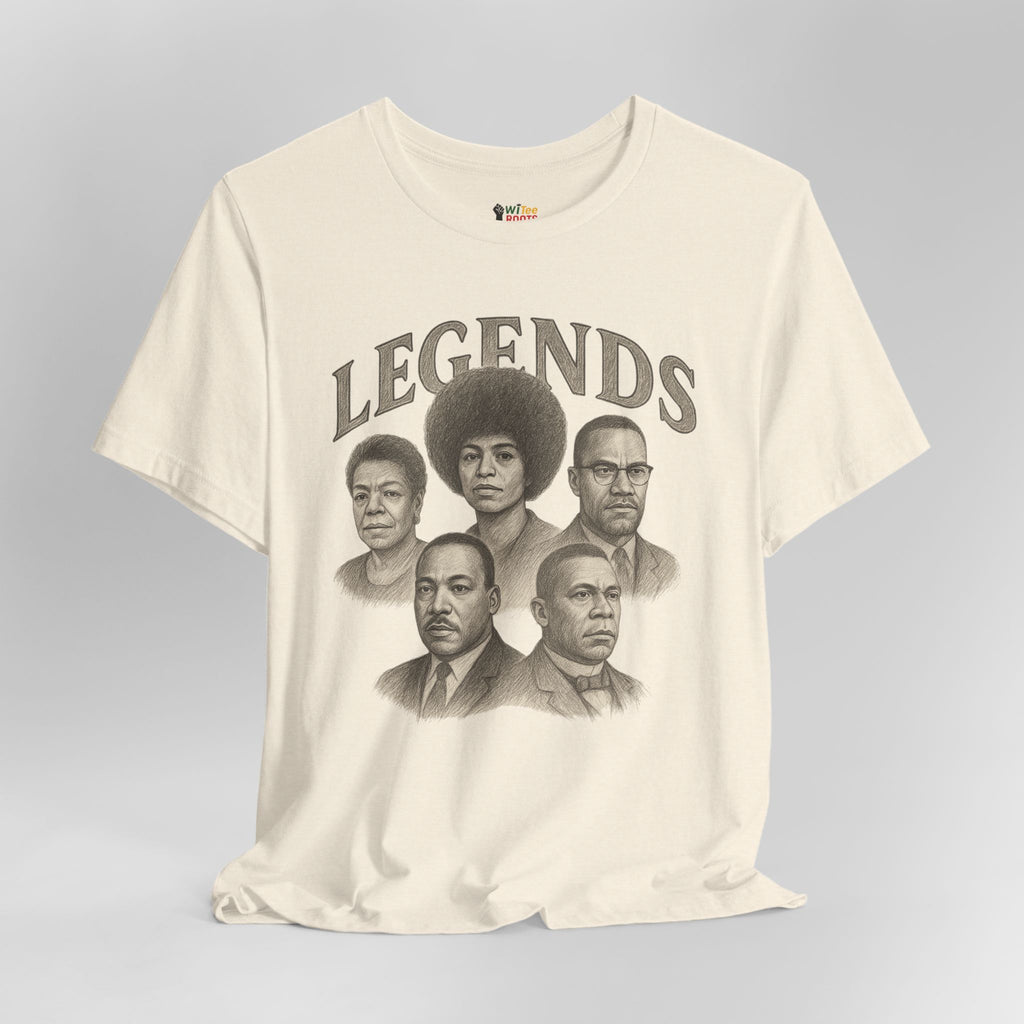 Beige t-shirt with black and white graphic of five individuals and 'LEGENDS' text on a gray background