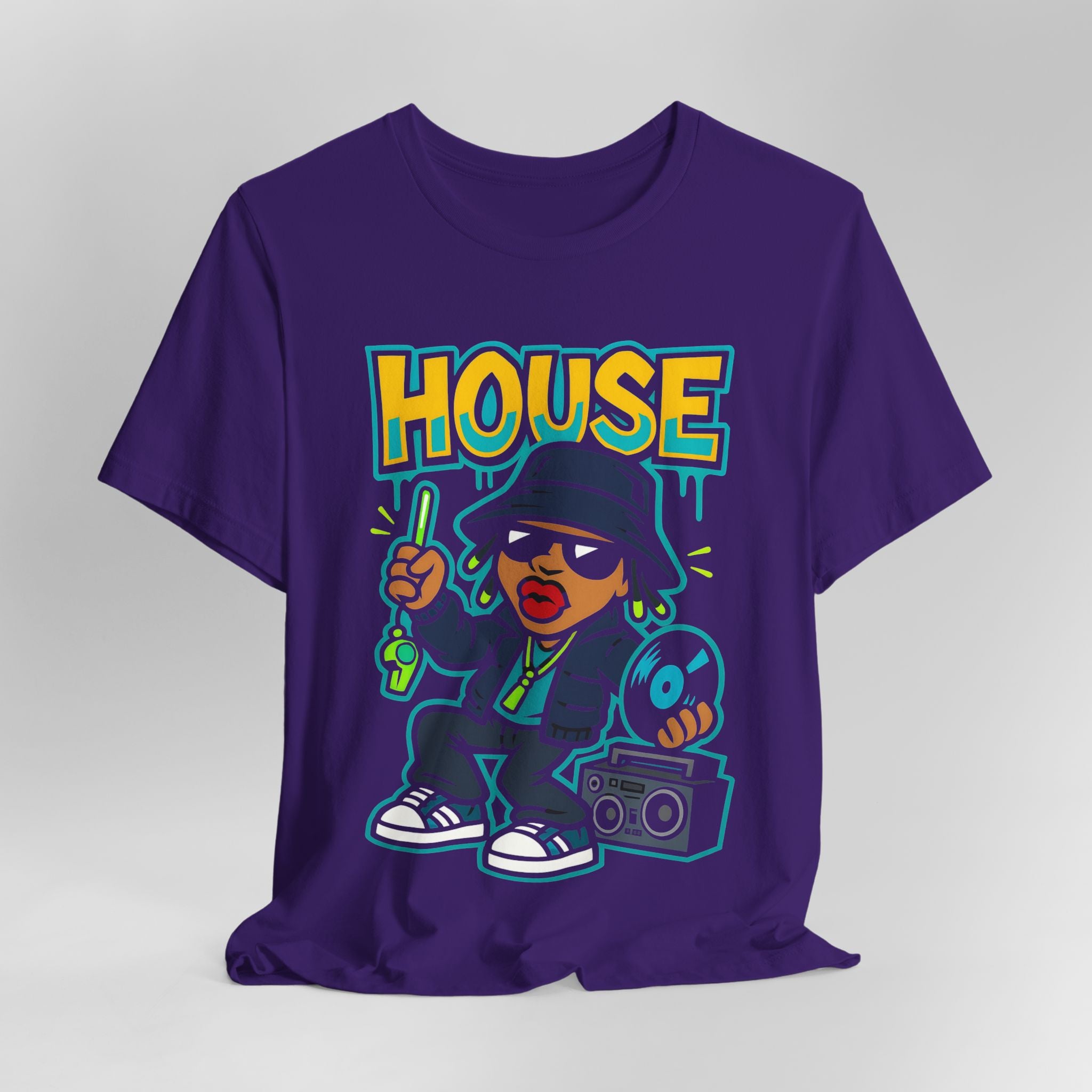 Purple t-shirt with a graphic design of a character holding a boombox and the word 'HOUSE' above.