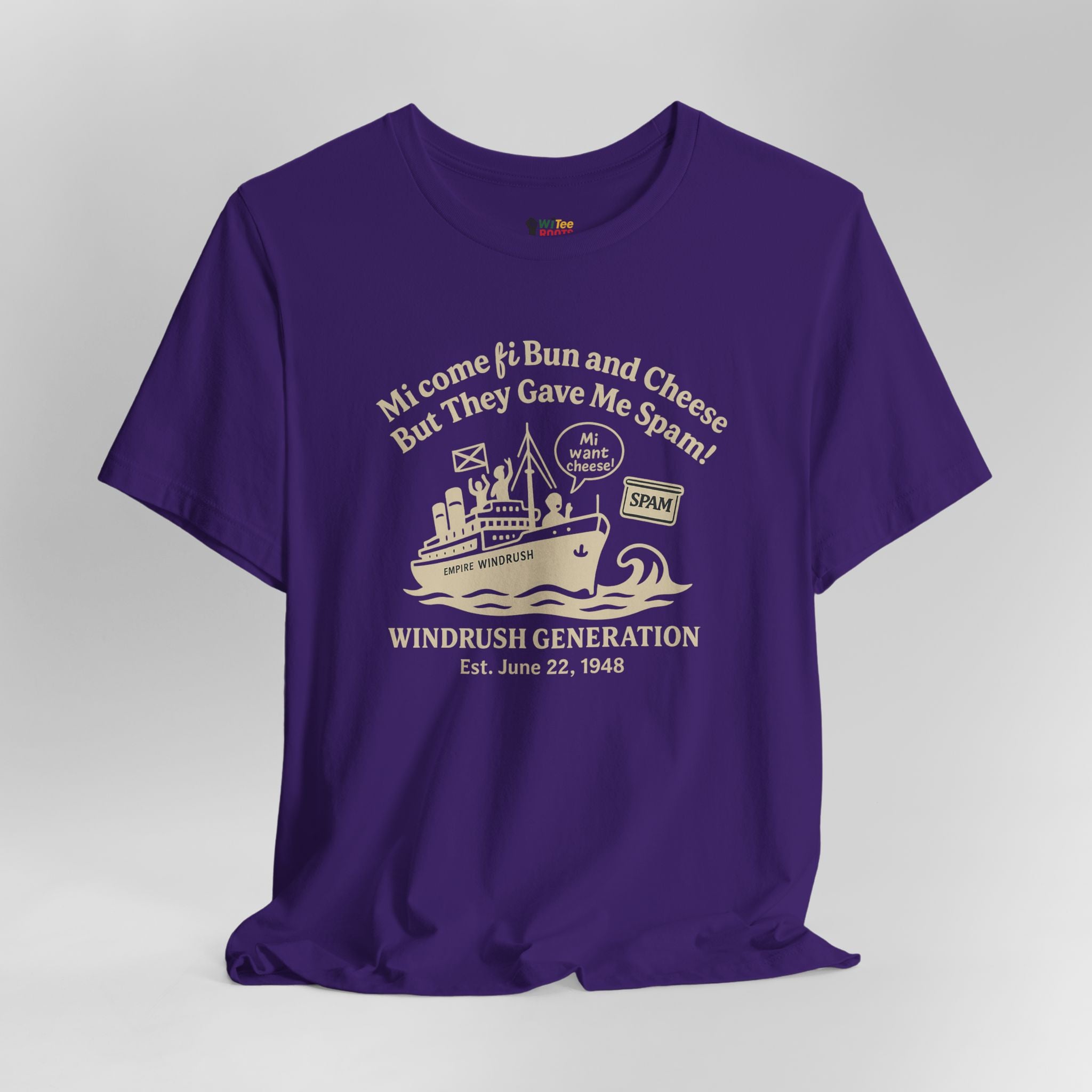 Purple t-shirt with white text and graphics on a gray background