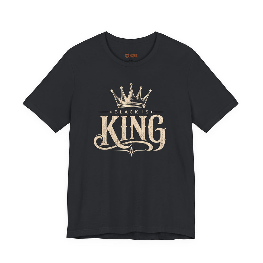 Black t-shirt with a white logo on a white background