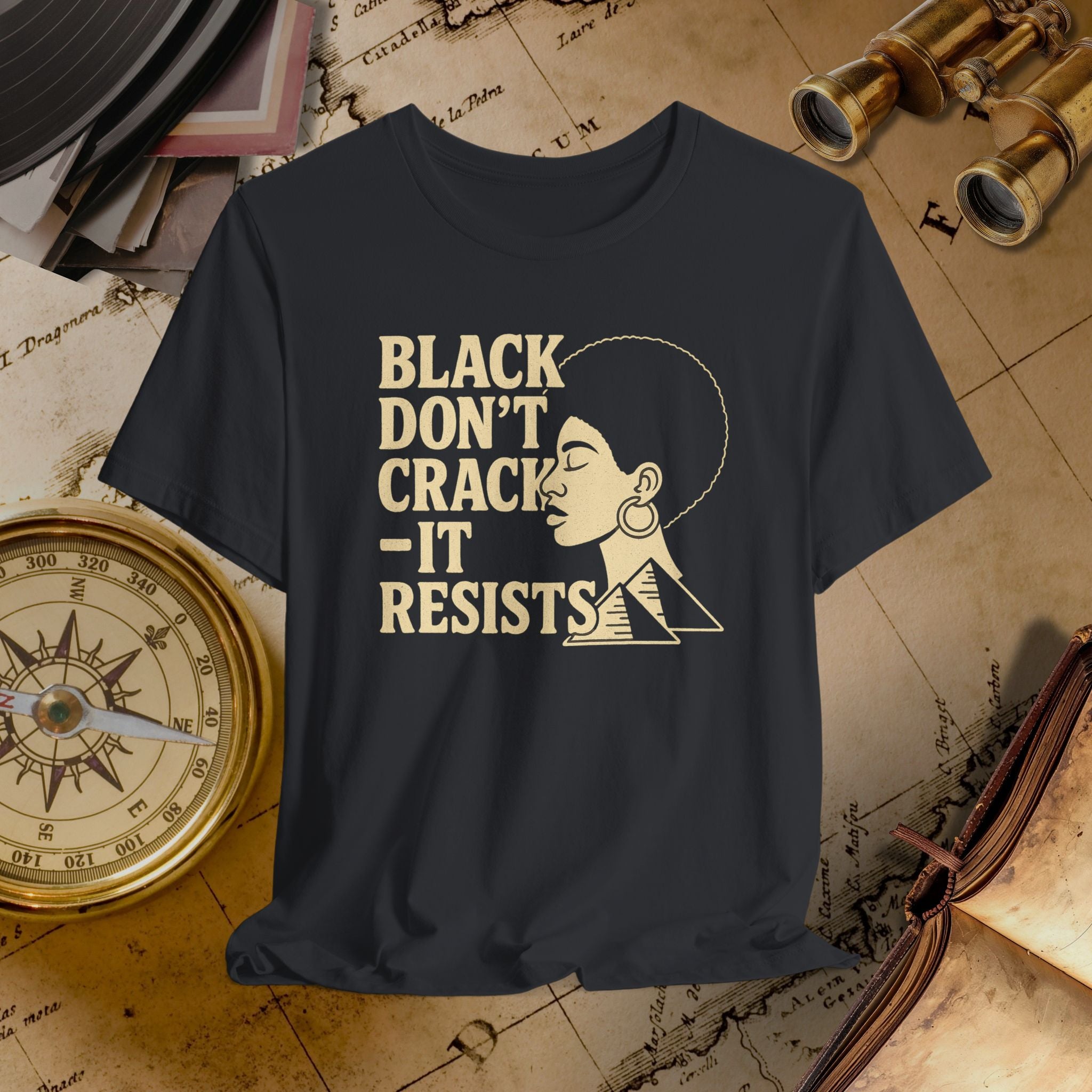 Black t-shirt with text on a vintage map background