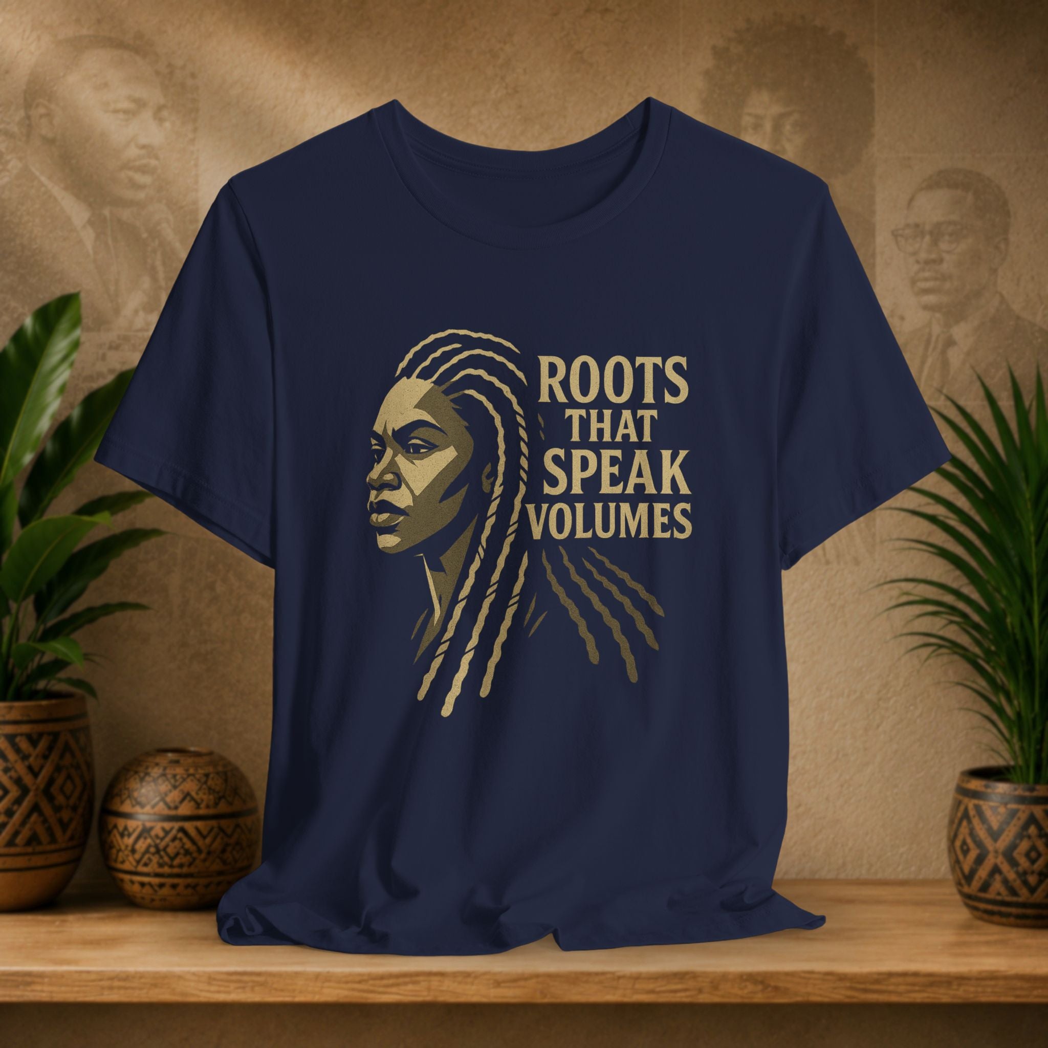 Navy blue t-shirt with a graphic of a woman's face and 'Roots That Speak Volumes' text, displayed on a wooden surface with plants and decorative items.