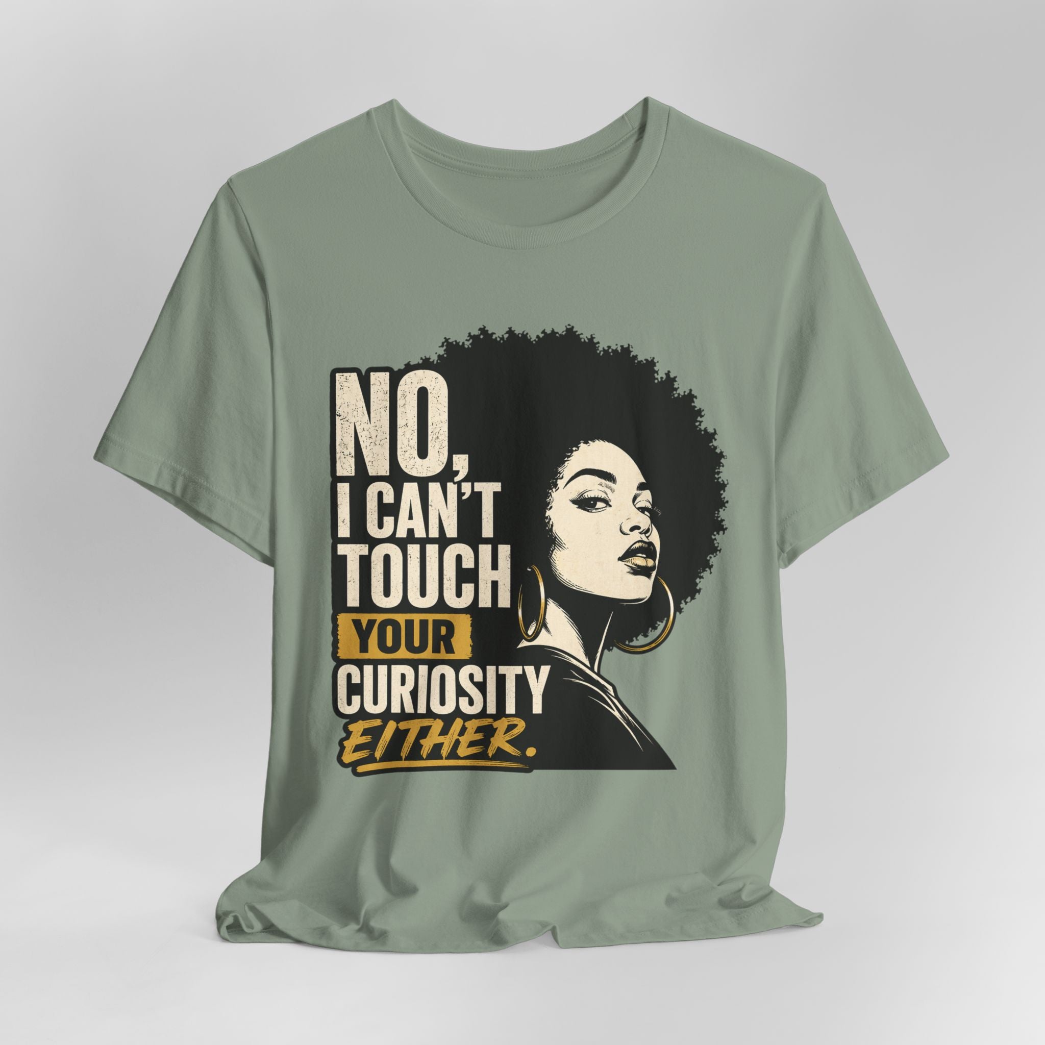 Green t-shirt with graphic of a woman and text on a white background