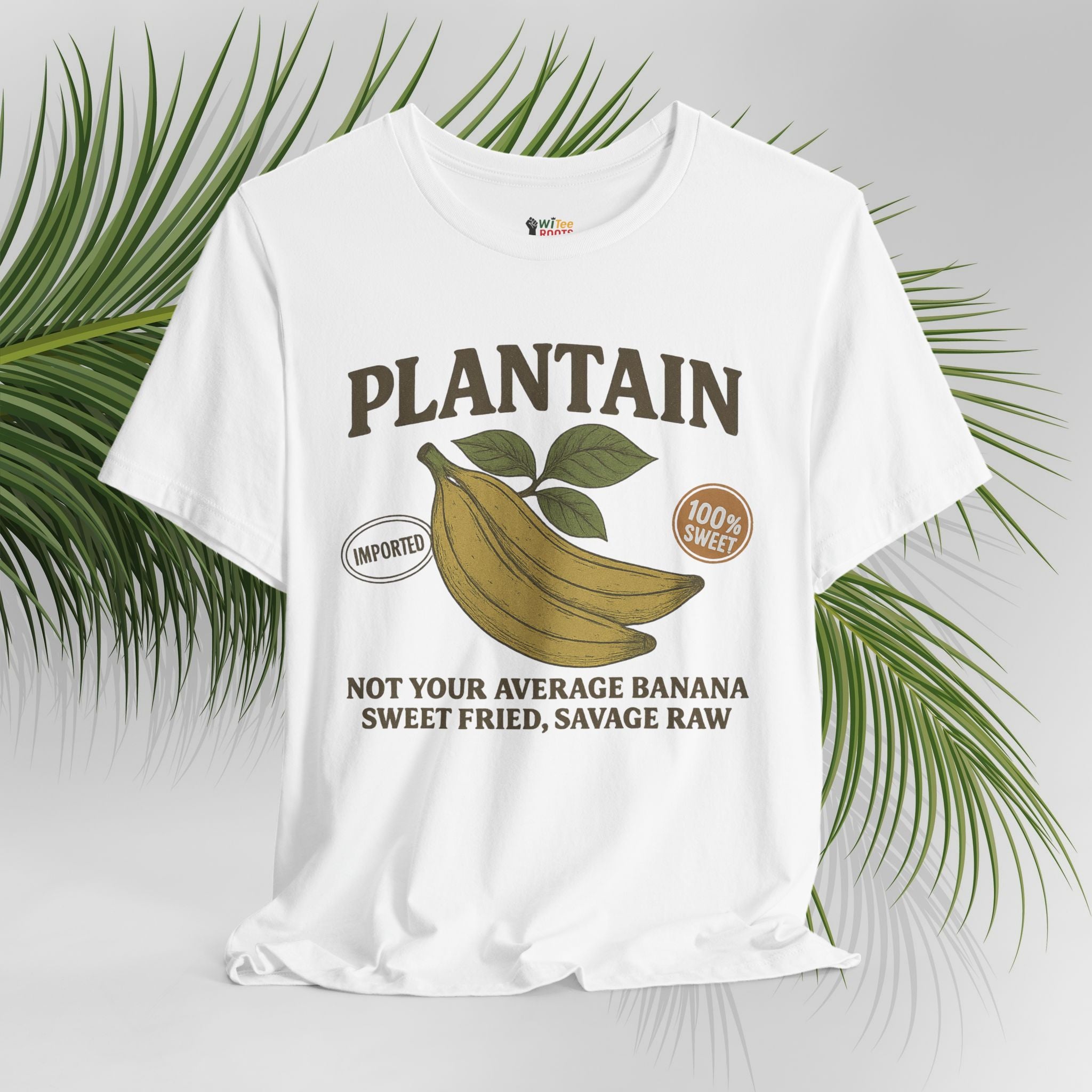 White t-shirt with 'Plantain' graphic and text on a light gray background with green leaves.