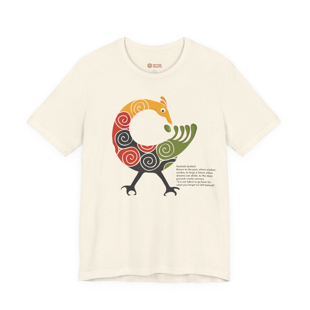 Beige t-shirt with a colorful graphic design on a white background