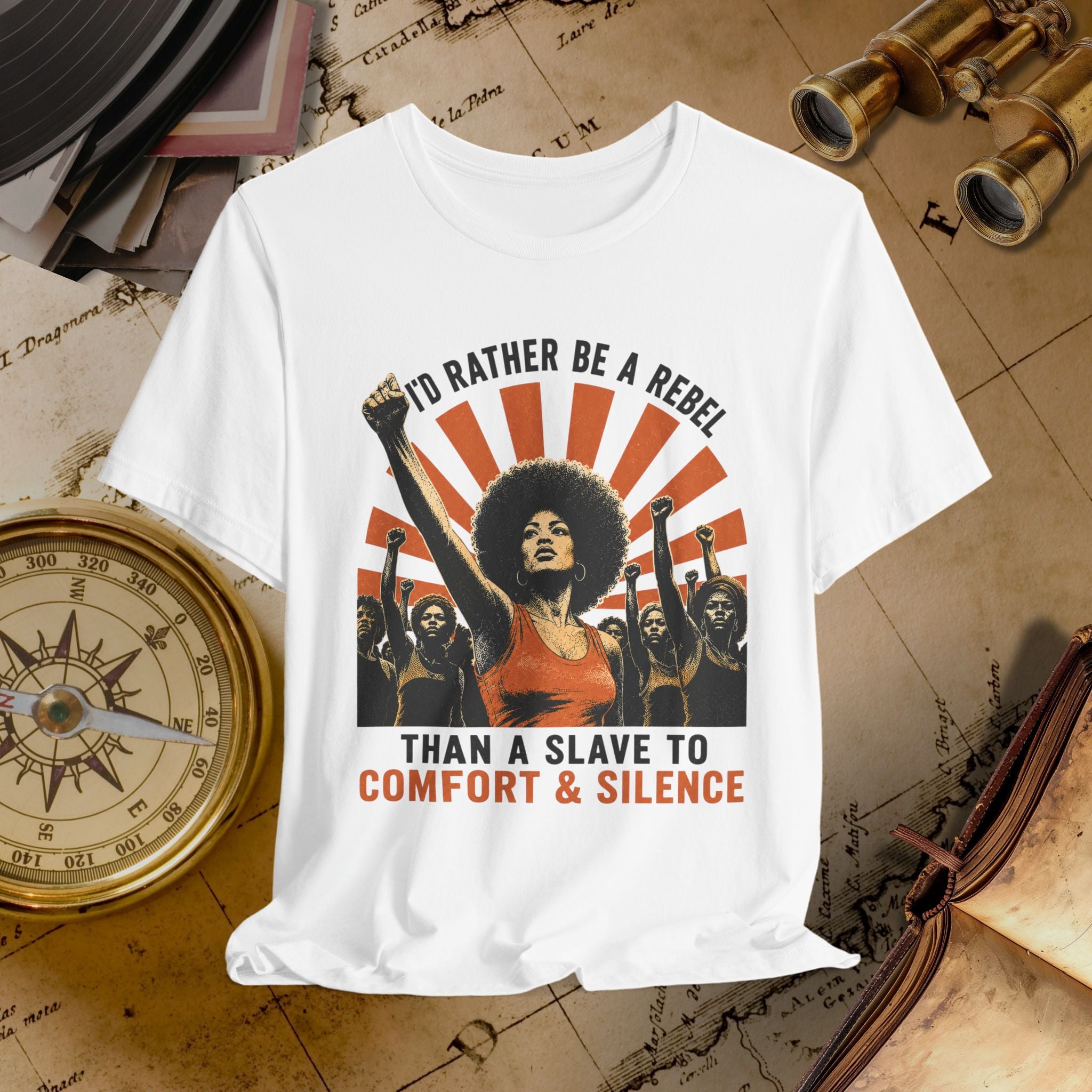 White t-shirt with graphic design featuring a woman and text on a vintage map background