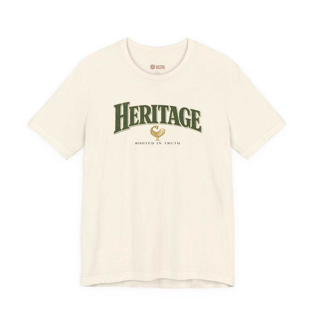 Beige t-shirt with 'Heritage' text and logo on a white background