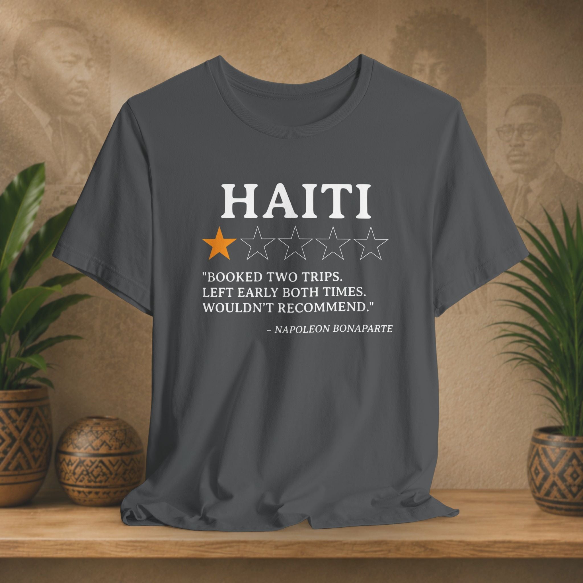 Gray t-shirt with Haiti-themed text and rating on a wooden surface with plants and decorative items.