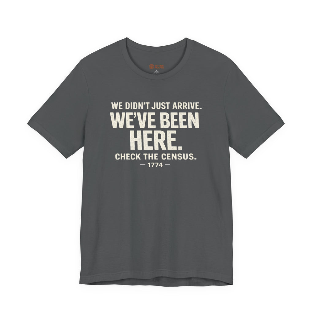 Gray t-shirt with white text on a white background