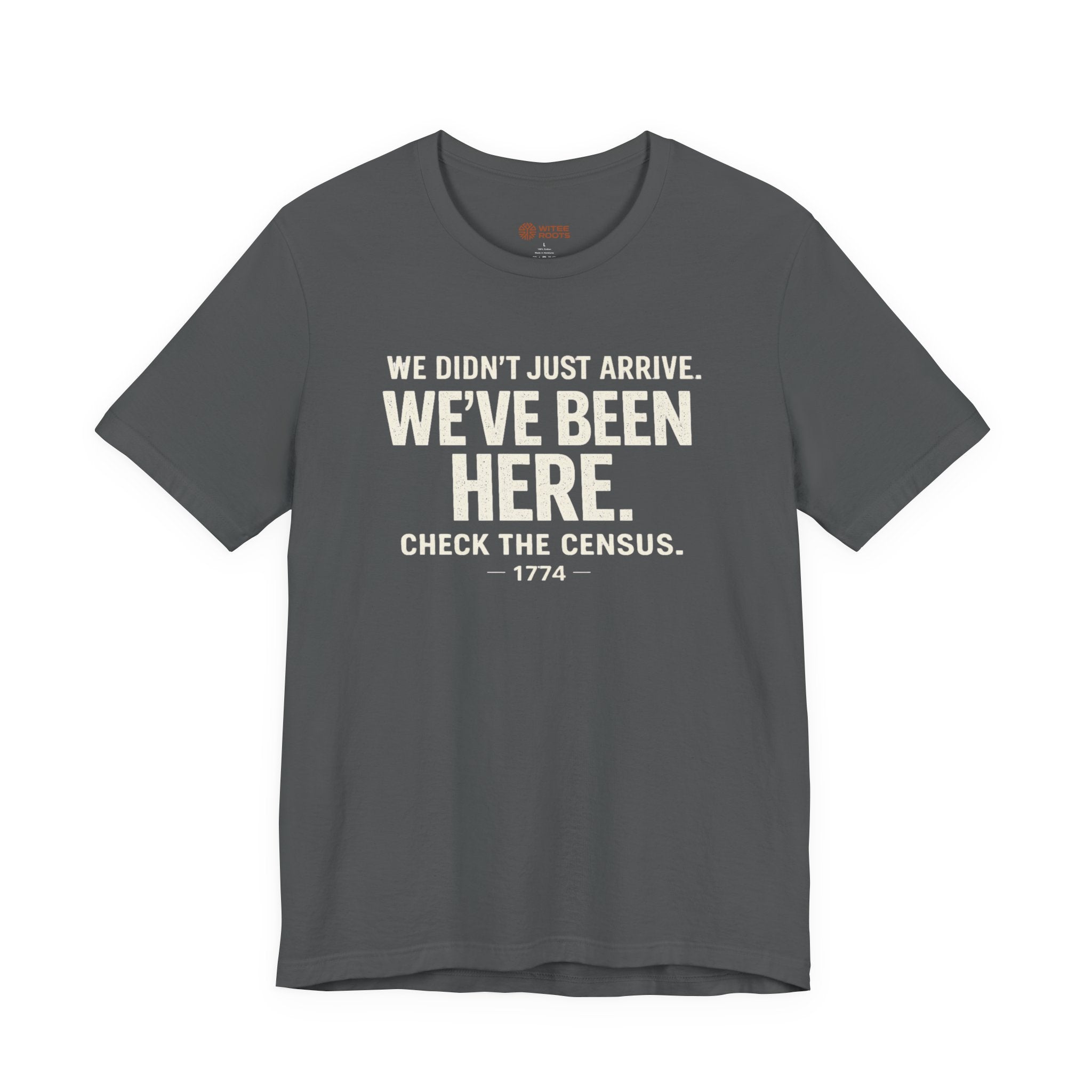 Gray t-shirt with white text on a white background