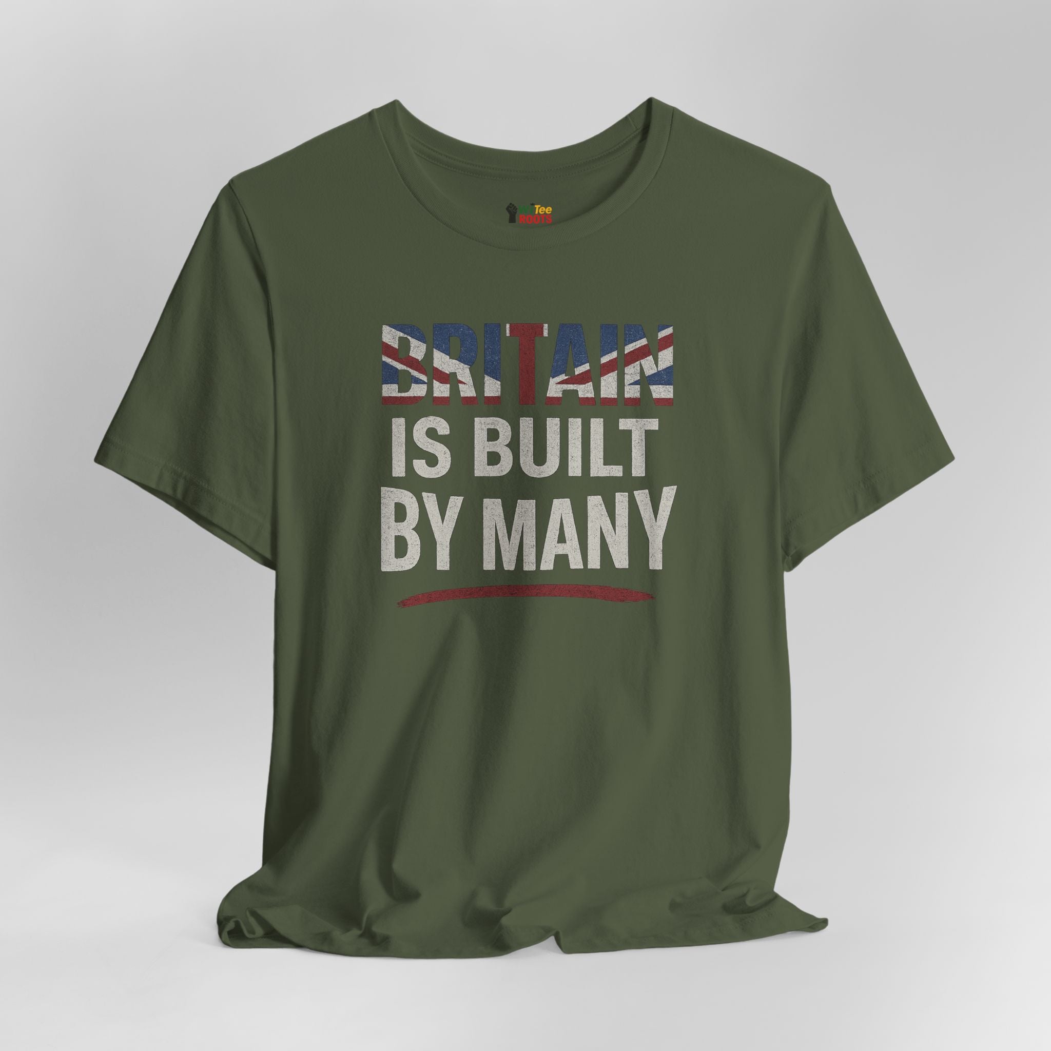 Green t-shirt with 'Britain is Built by Many' text on a white background