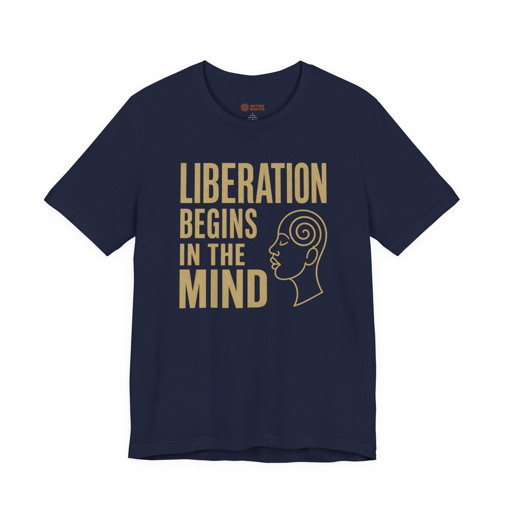 Navy blue t-shirt with 'Liberation Begins in the Mind' text and silhouette on a white background