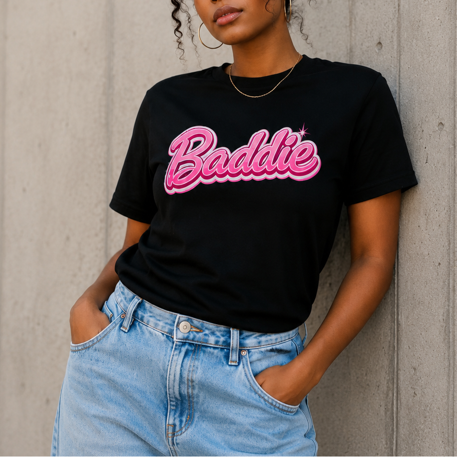 A woman wearing a black t-shirt with a pink 'Badbie' graphic and light blue jeans, leaning against a gray concrete wall.