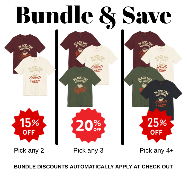 Promotional graphic for t-shirts with bundle discounts on a white background