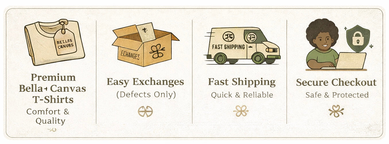 Set of icons and text describing features of a clothing brand, including premium t-shirts, easy exchanges, fast shipping, and secure checkout.