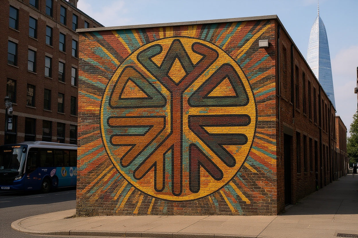 Colorful geometric mural on a brick building wall.