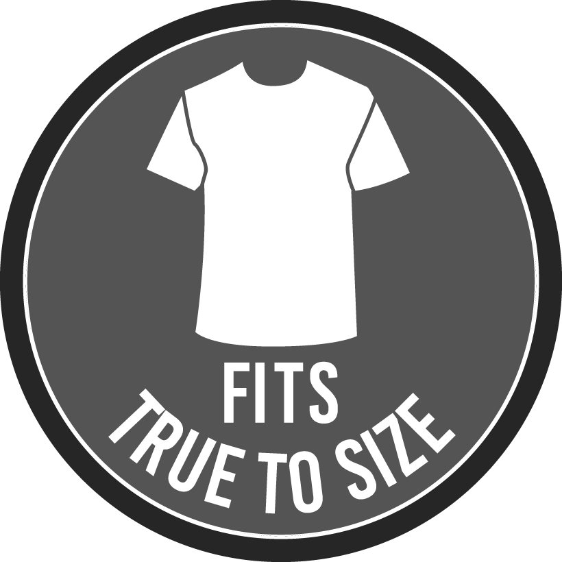Circular icon with a white t-shirt and 'FITS TRUE TO SIZE' text on a gray background