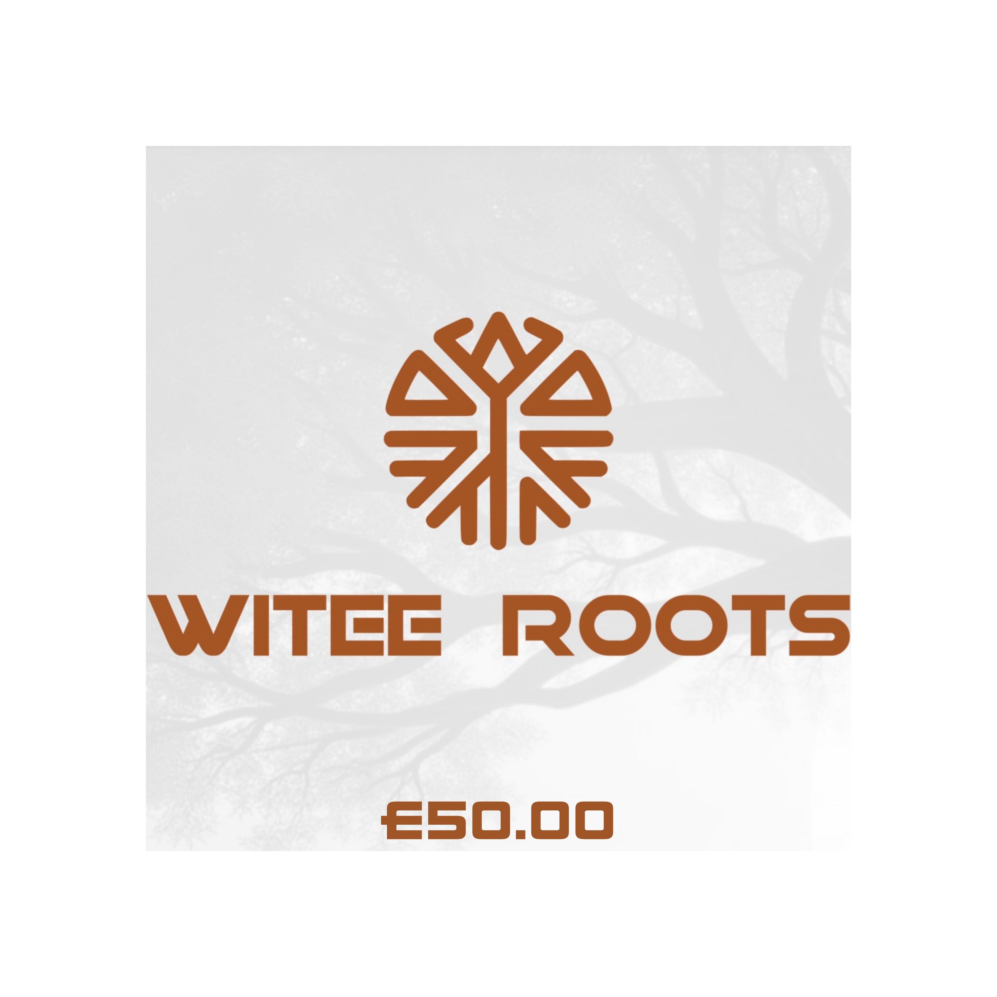 Witee Roots logo with a tree design on a white background. Gift card