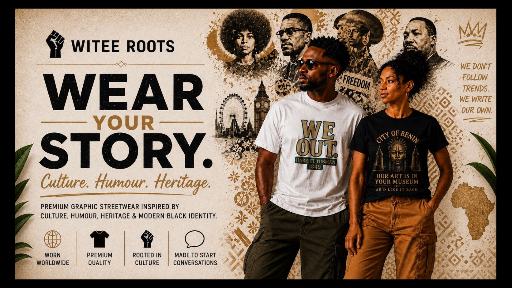 A promotional graphic for Witee Roots streetwear featuring two models wearing graphic t-shirts in front of a patterned wall with portraits of historical Black leaders. The man wears a white t-shirt with 'WE OUT.