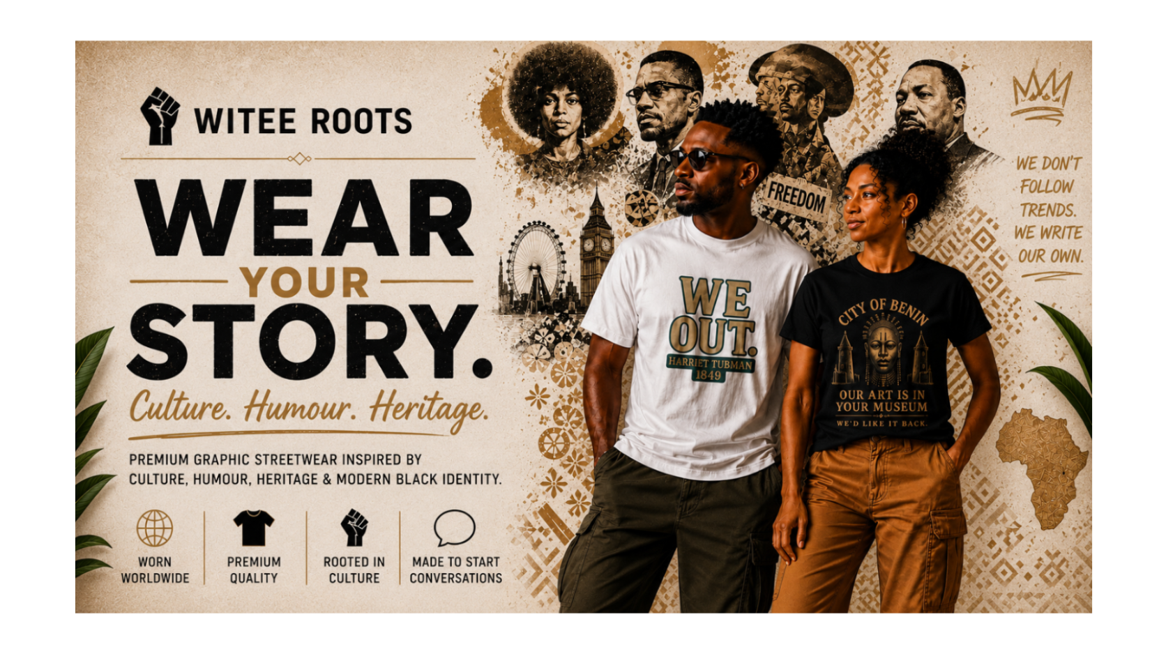 Two models wearing graphic t-shirts from Witee Roots, standing against a textured, vintage-style black and gold background. The man on the left wears a white t-shirt with 'WE OUT' printed on the front, and the woman on the right wears a dark brown t-shirt with 'CITY OF BENDA' and 'YOUR MUSEUM' printed on the front.