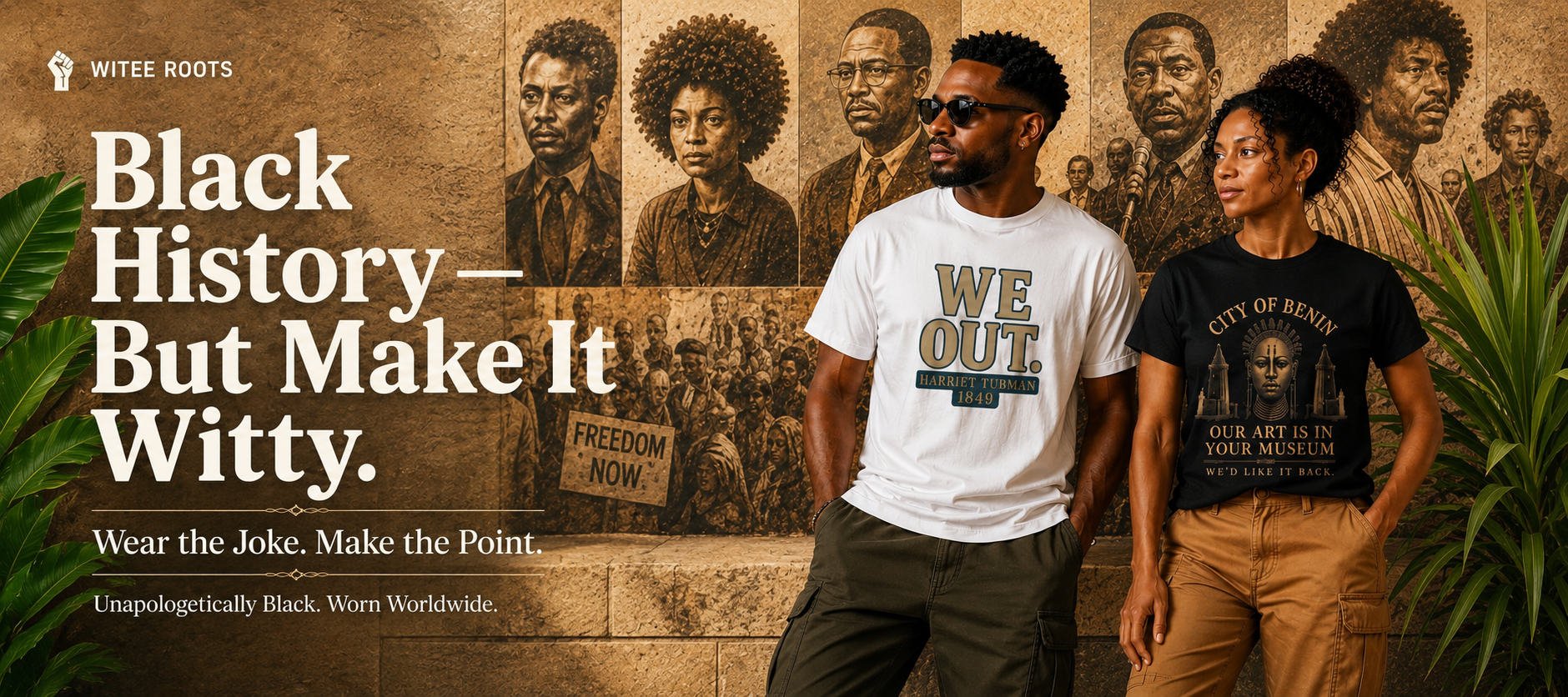 Two people standing in front of a collage with historical figures, promoting a message about Black History and wit.