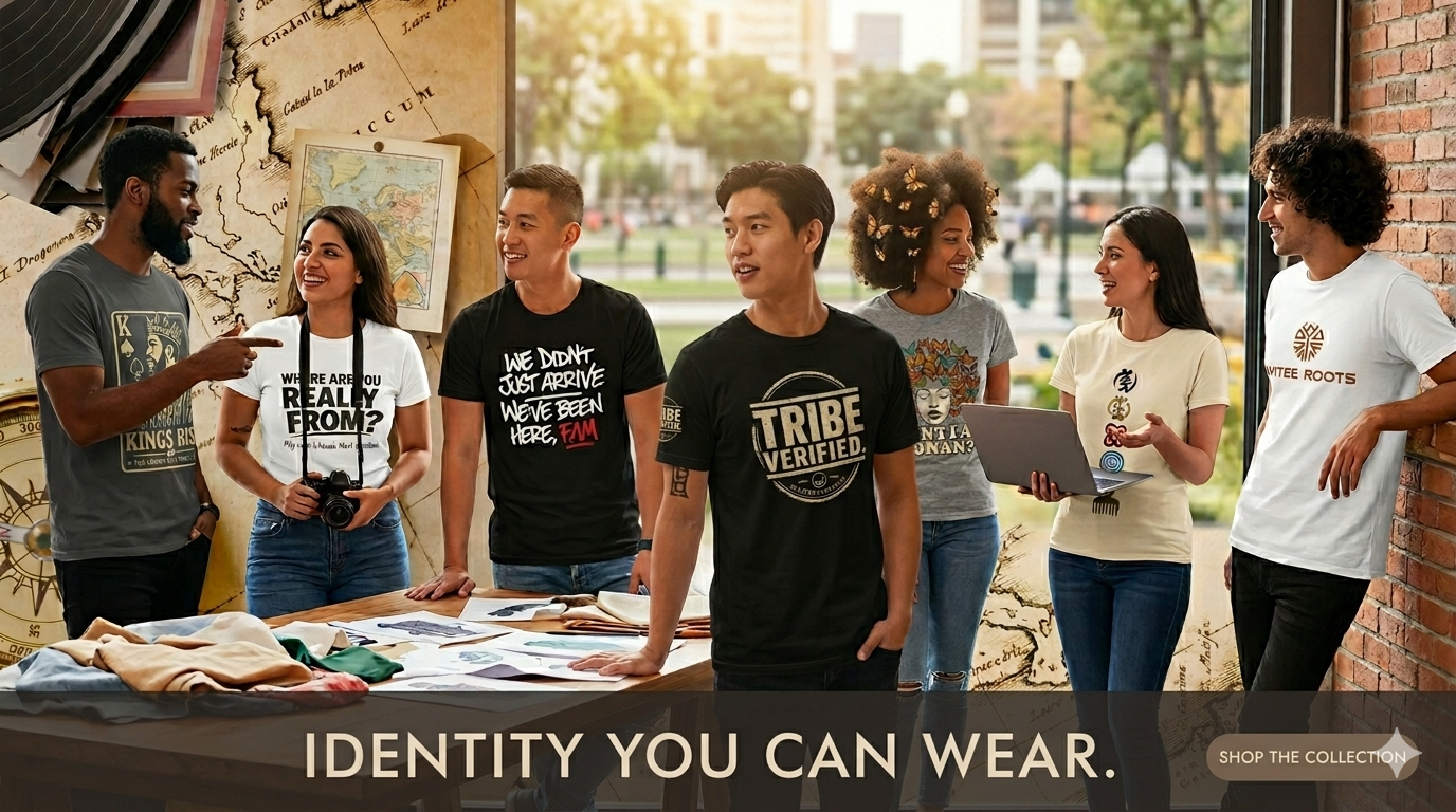 Group of people wearing branded t-shirts with a promotional message about identity and clothing.