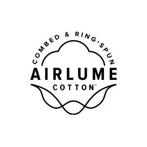 Black logo text reading 'COMBED & RING-SPUN AIRLUME COTTON' with a cloud and leaf-like outline on a white background.