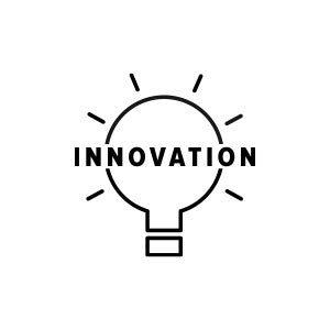 A minimalist black line icon of a light bulb with the word 'INNOVATION' centered across it, on a plain white background.