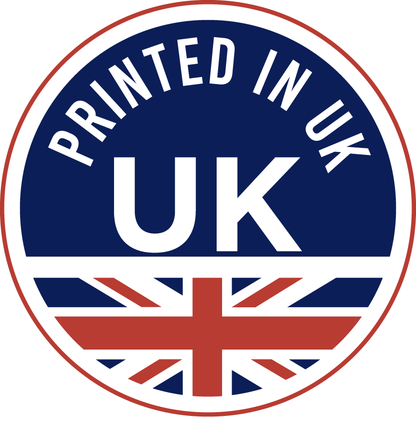 Circular logo with 'Printed in UK' text and Union Jack flag on a green background