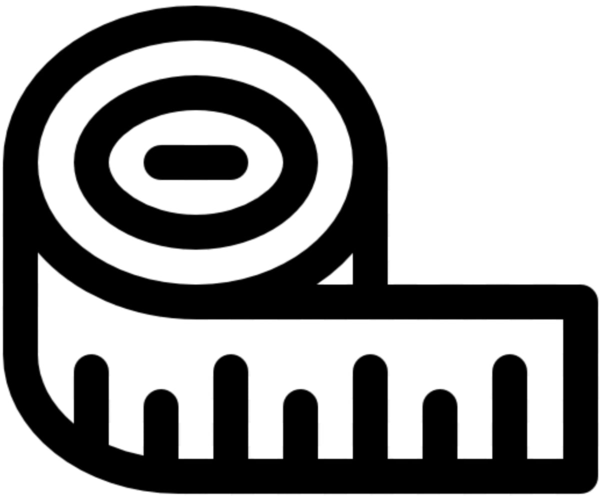 Black and white icon of a tape measure on a white background