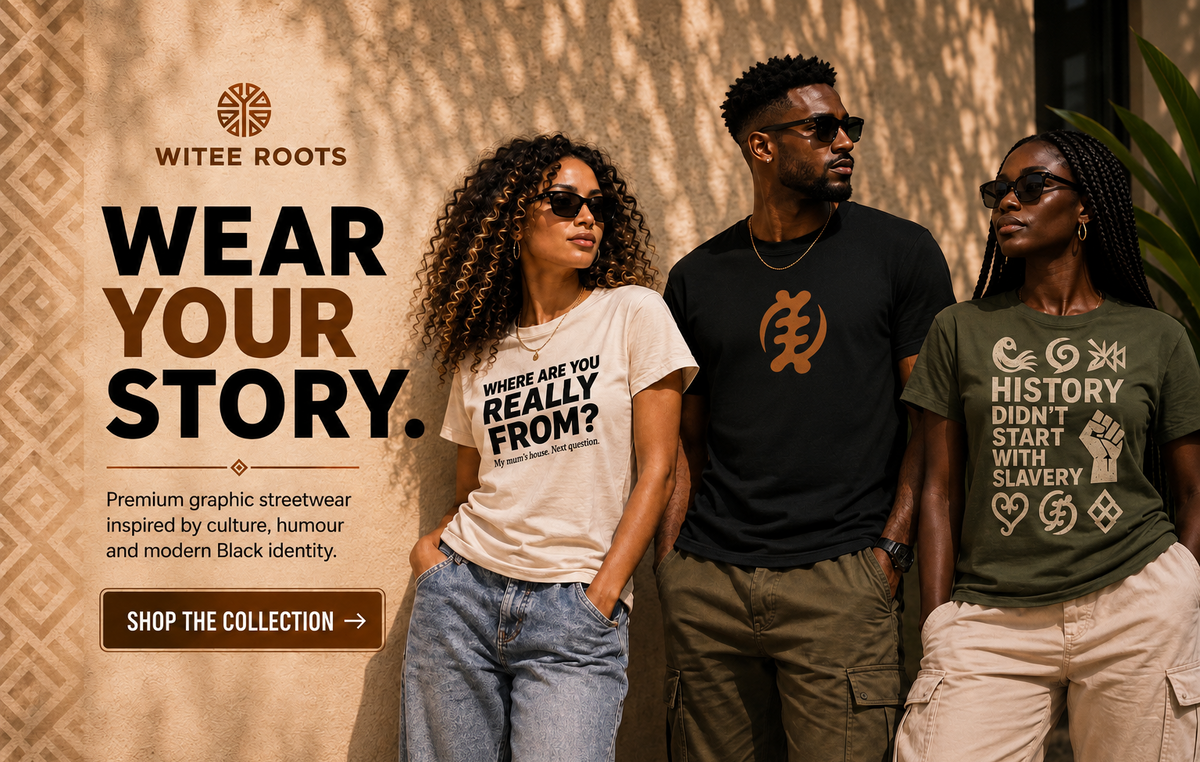 Three models wearing graphic t-shirts from Witee Roots in an outdoor setting with warm sunlight and shadows. The shirts feature diverse designs: a cream graphic t-shirt, a black t-shirt with a brown symbol, and an olive green t-shirt with a brown graphic.