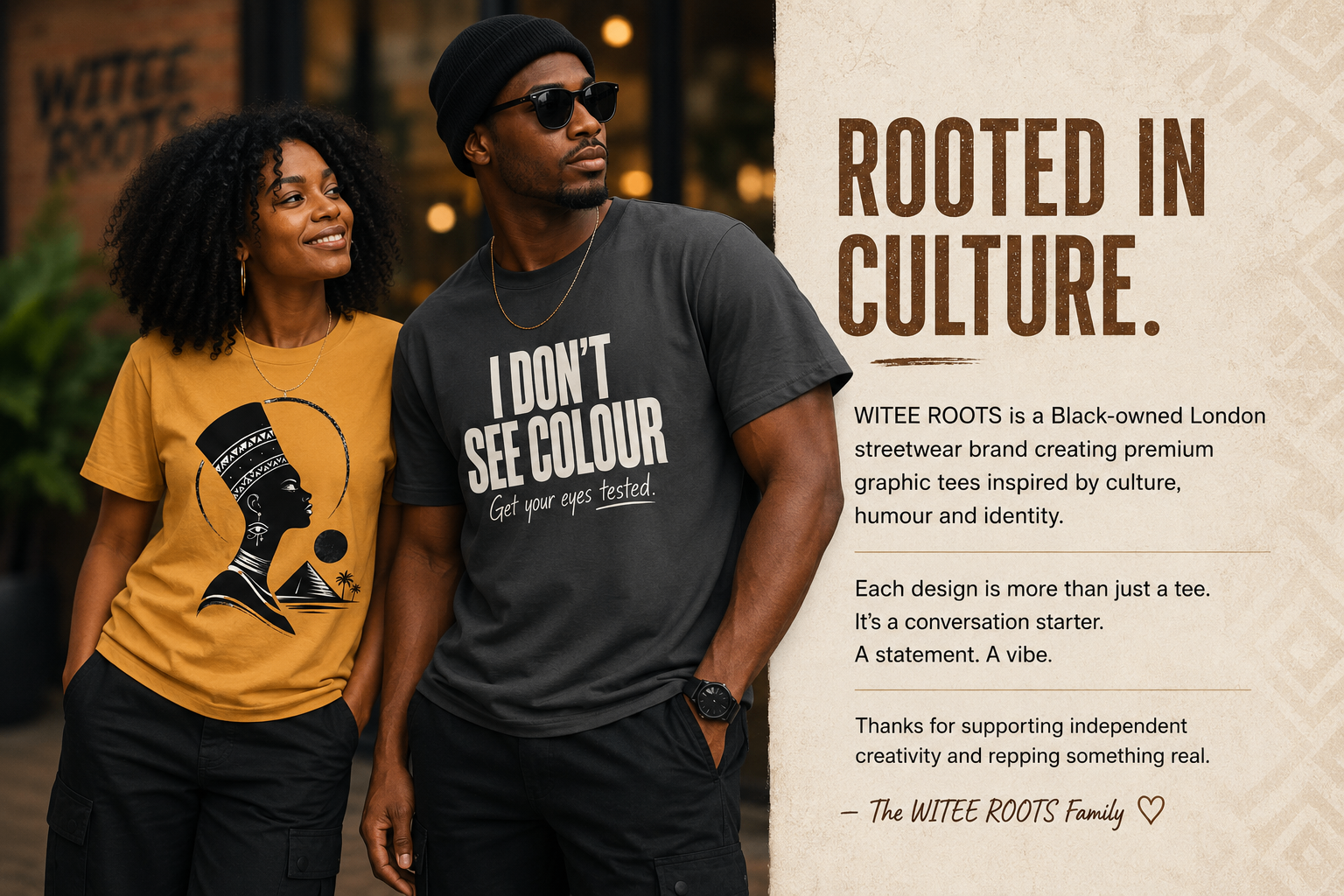 Two models wearing graphic t-shirts in an outdoor street-style setting. The model on the left wears a mustard yellow t-shirt with a black graphic, and the model on the right wears a dark gray t-shirt with white text reading 'I DON'T SEE COLOR'.
