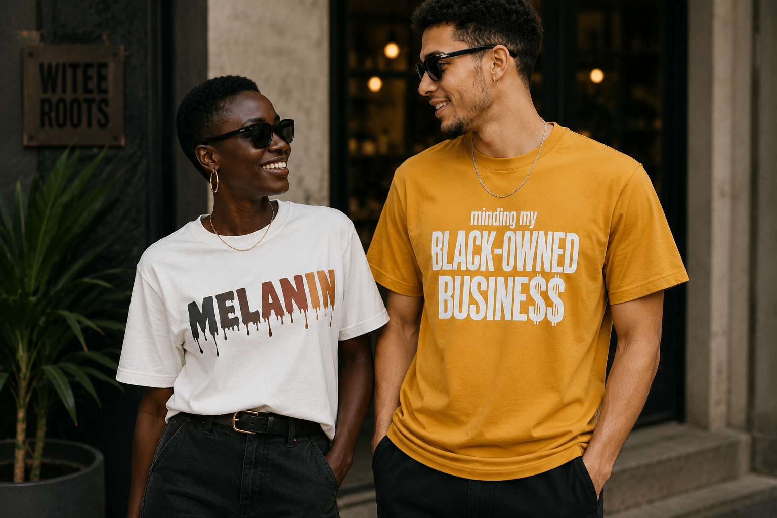 Two models wearing graphic t-shirts in an outdoor urban setting. The man on the right wears a mustard yellow t-shirt with the text 'minding my BLACK-OWNED BUSINESS' in white.